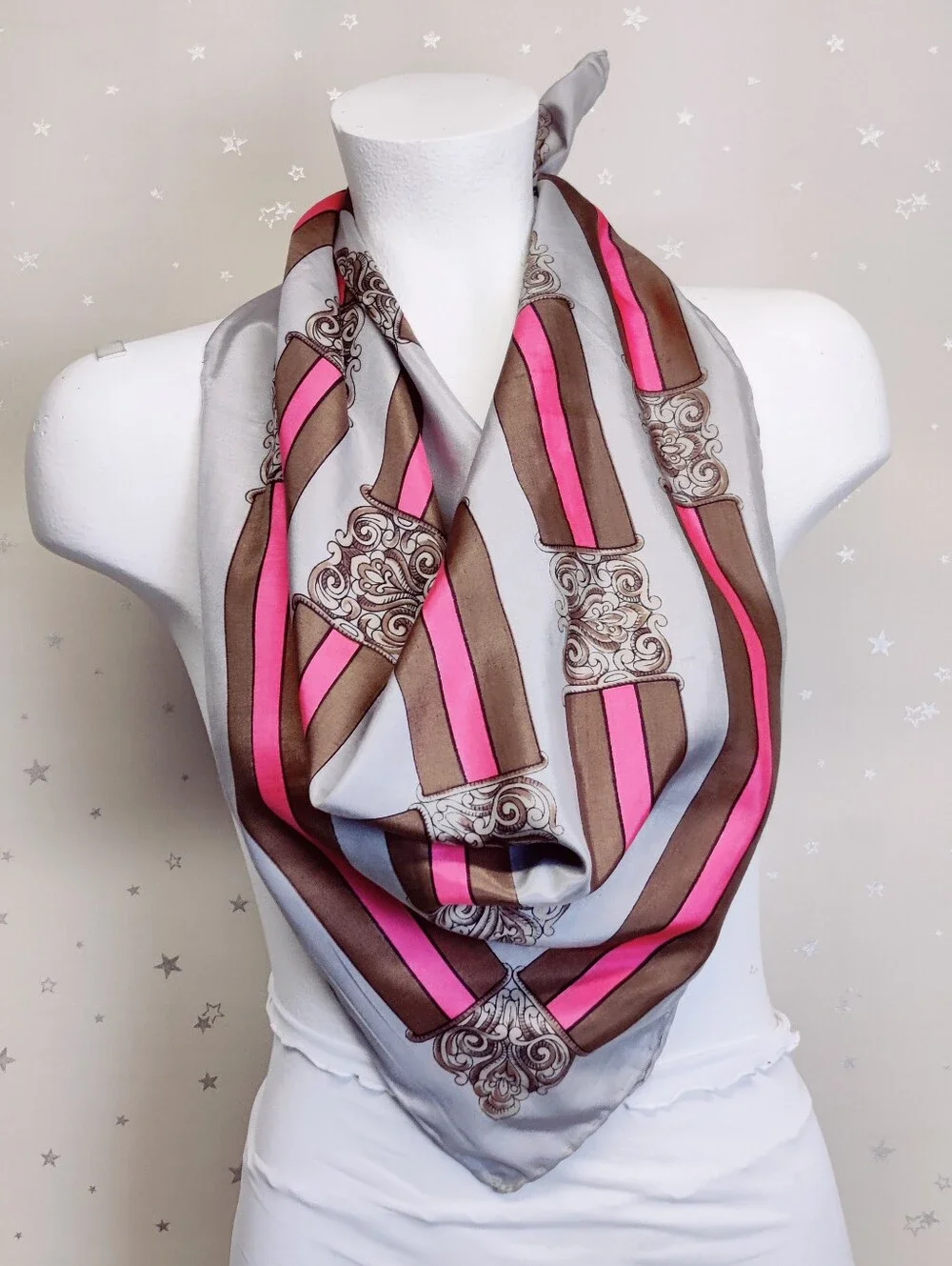 Vintage JCPenney 100% Silk Scarf Square 30x30 Made in Italy Pink Gray Silver